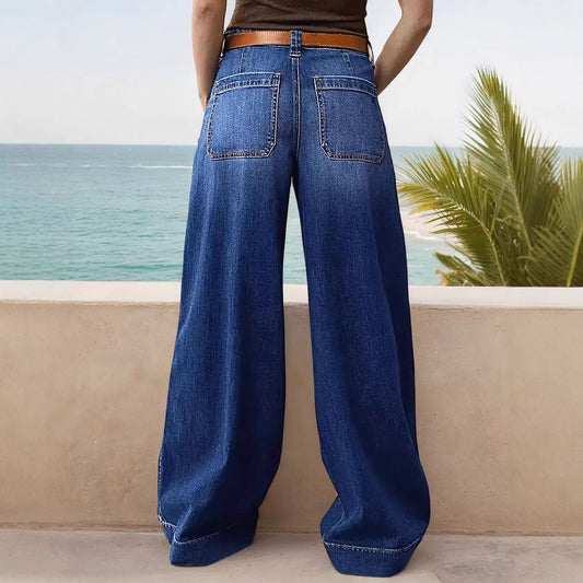 Loose Slimming Ladies Wide-leg Straight Pants Denim Ankle-length Pants