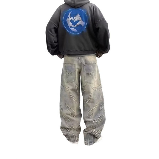 Retro Bat Pattern Lazy Embroidered Loose Jeans