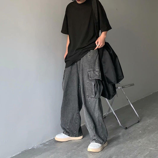 Street Retro Drape Large Loose Pockets Cargo Jeans