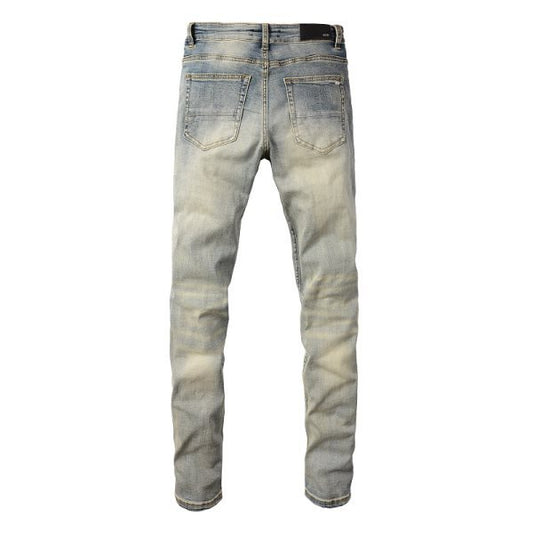 Meigao Street Vintage Crumpled Ripped Cat Beard Patch Printed Jeans Men