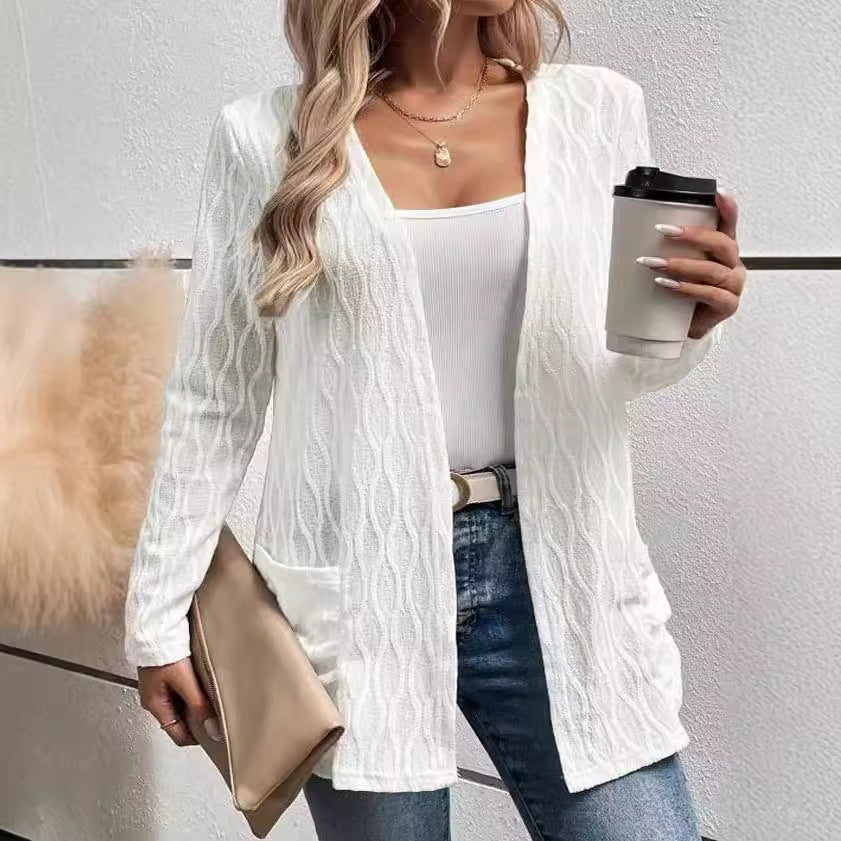 Hollow Solid Color Home Leisure Temperament Commuting Knitted Long-sleeved Cardigan Jacket Women's Clothing