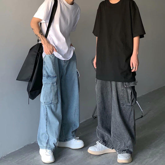 Street Retro Drape Large Loose Pockets Cargo Jeans